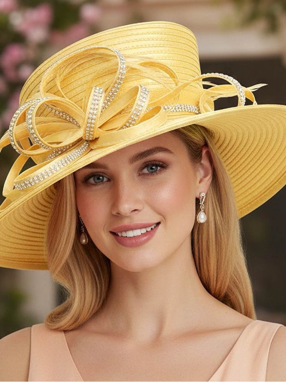 Elegant Yellow Wide-Brim Fascinator Hat with Rhinestone Bow